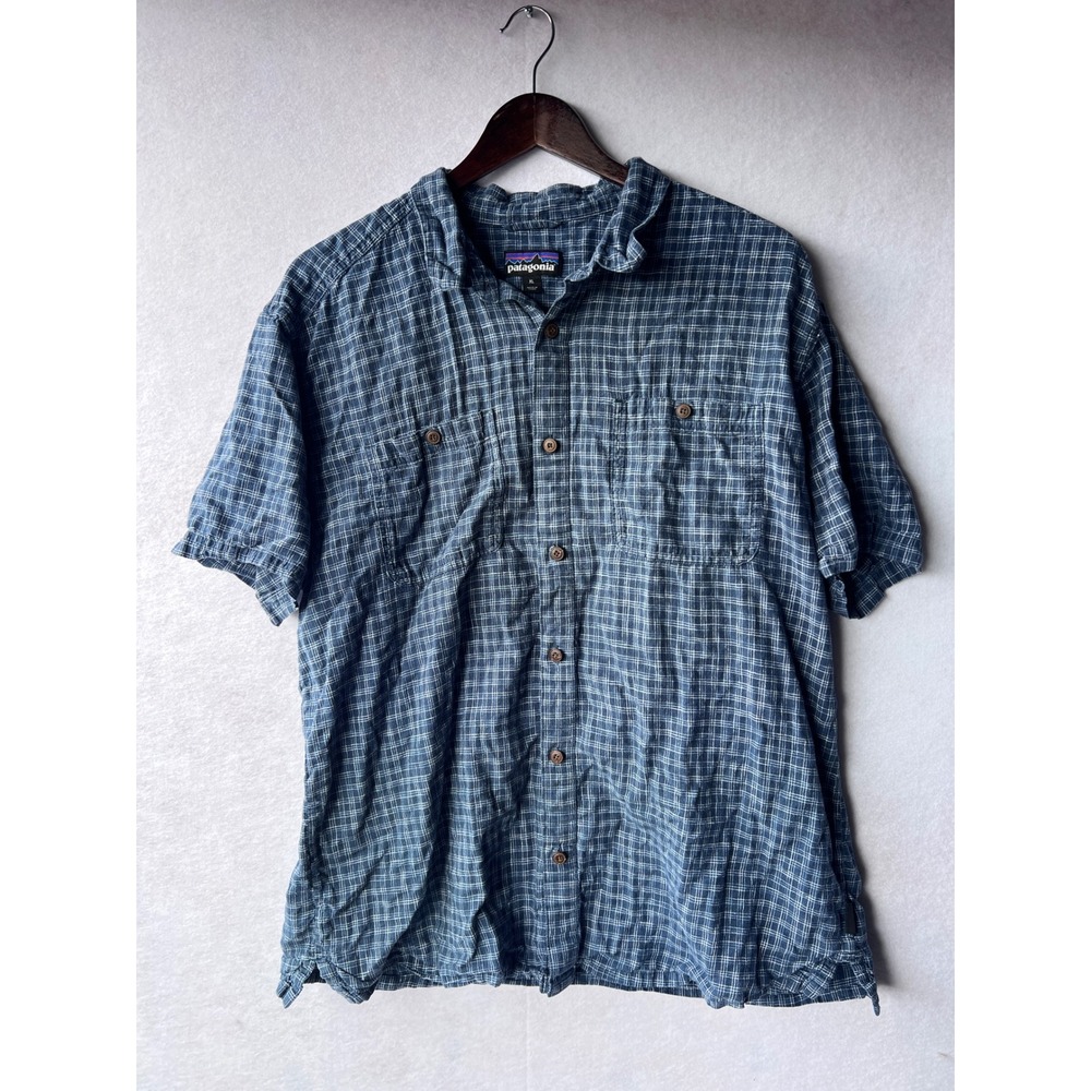 Patagonia Mens XL Blue Plaid Hemp Organic Cotton Short Sleeve Button Down Shirt